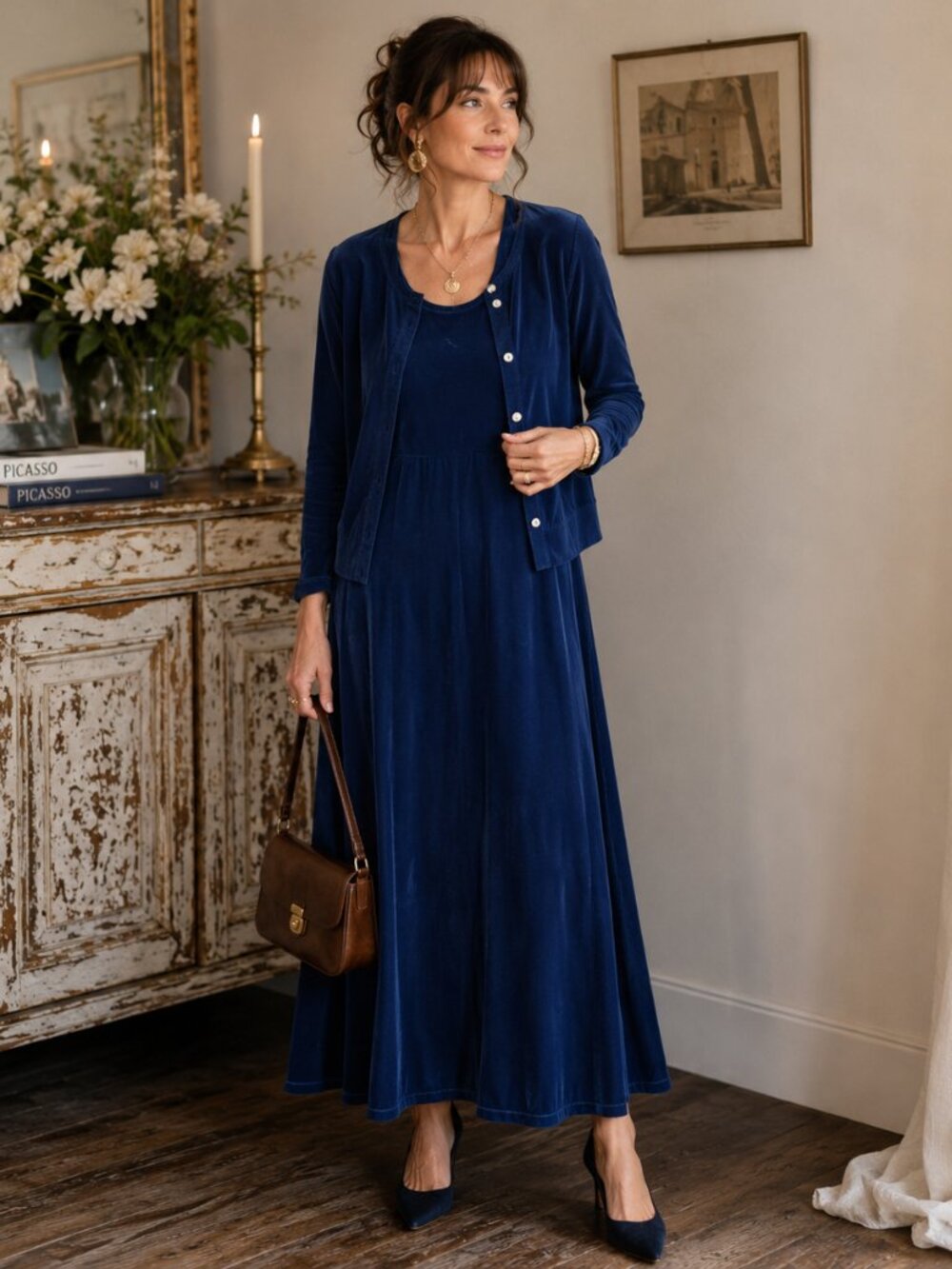DVF Color Authority Velour Maxi Dress Jacket Set Womens‎ 1X Blue Vintage 90s